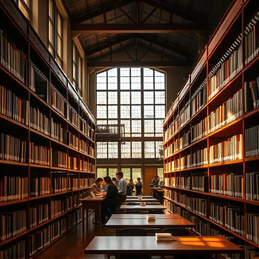 A well-lit university library with students studying at tables.