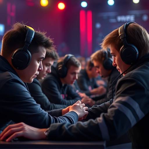 Team of esports players strategizing during a competition.
